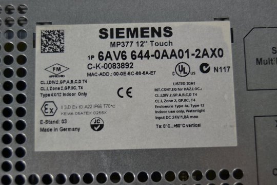 SIEMENS SIMATIC TOUCH PANEL 12 6AV6644-0AA01-2AX0 MP377