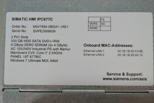 SIEMENS SIMATIC Touch Panel HMI IPC677C 6AV7894-0BG41-1AE1