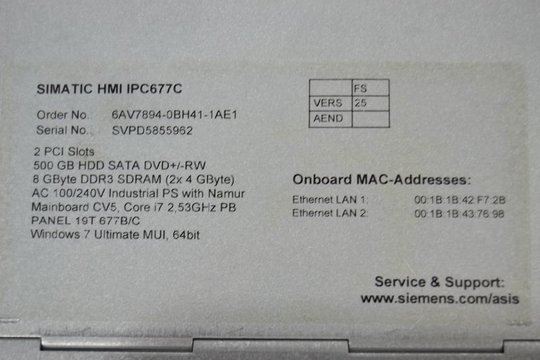 SIEMENS SIMATIC Touch Panel HMI IPC677C 6AV7894-0BH41-1AE1
